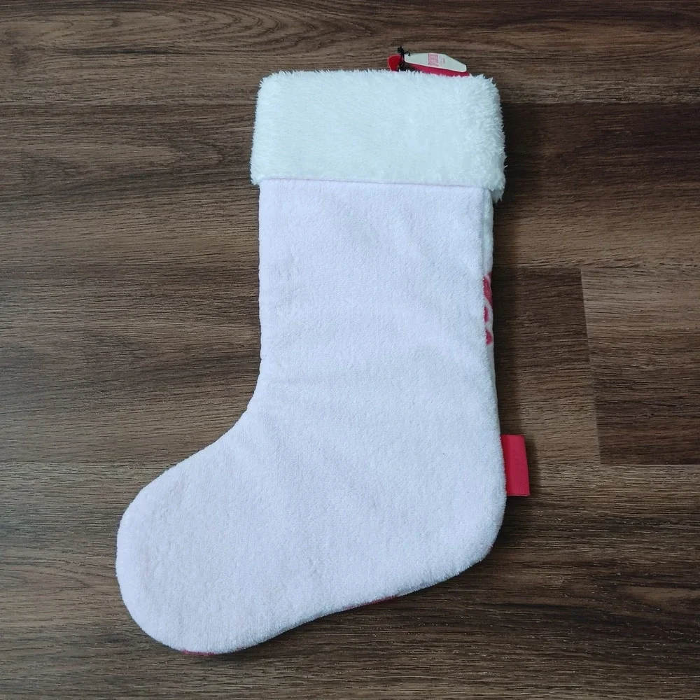 Victorias Secret Pink Santa Christmas Holiday Terry Stocking White Pink‎ Red New